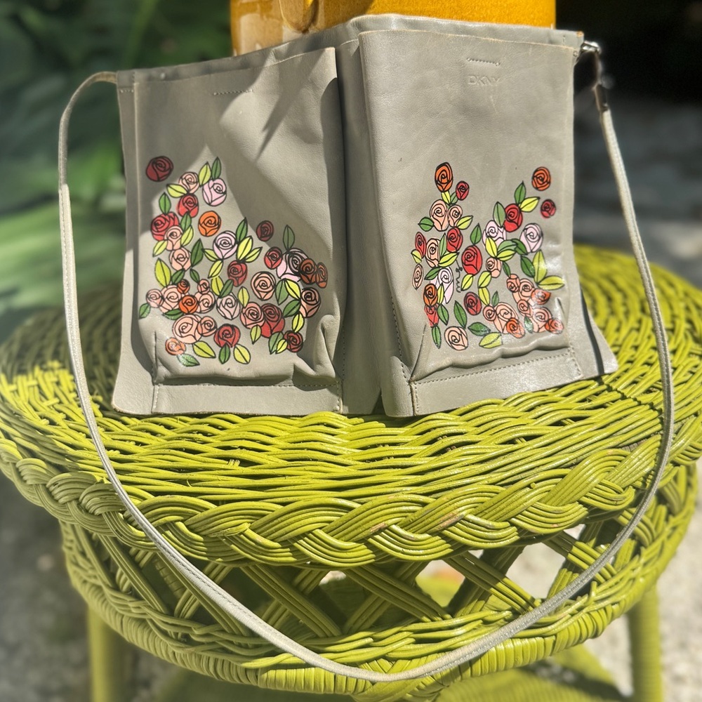 DKNY Upcycled Taupe Crossbody Bag with Hand-painted Rosettes